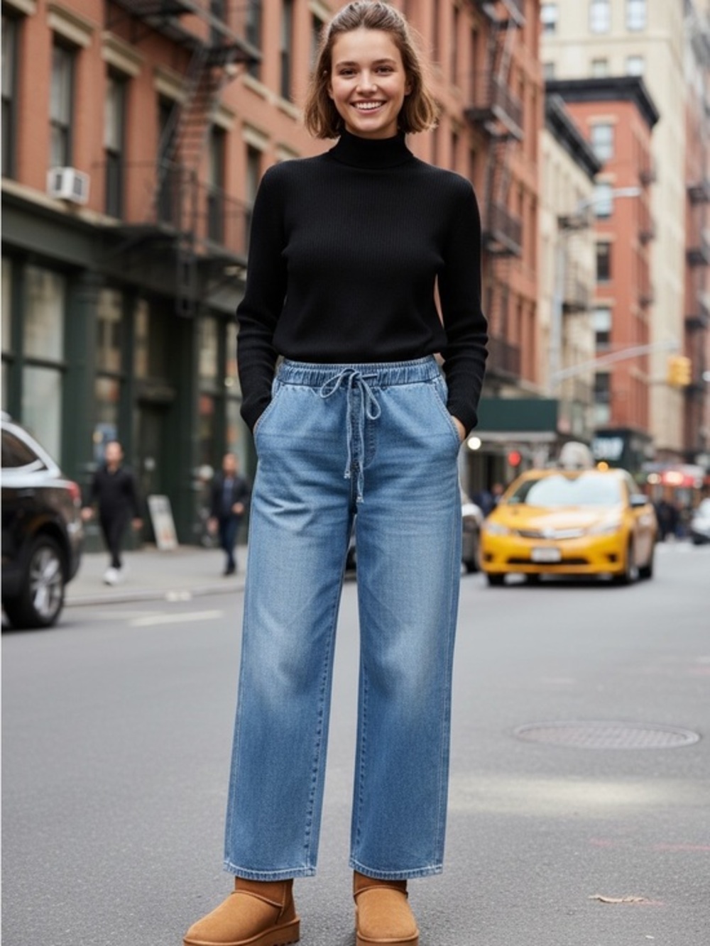 Wide-Leg Drawstring Jeans